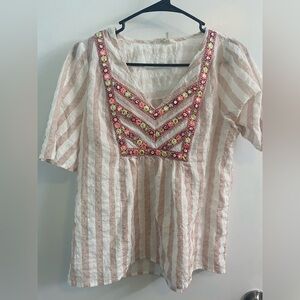 Entro Striped Pink Embroidered V-Neck Women’s Top